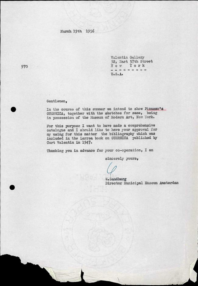 Carta de Willem Sandberg a la Valentin Gallery