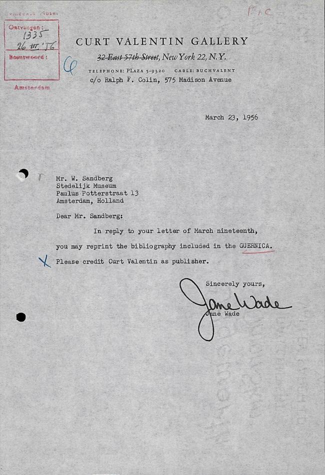 Carta de Jane Wade a Willem Sandberg