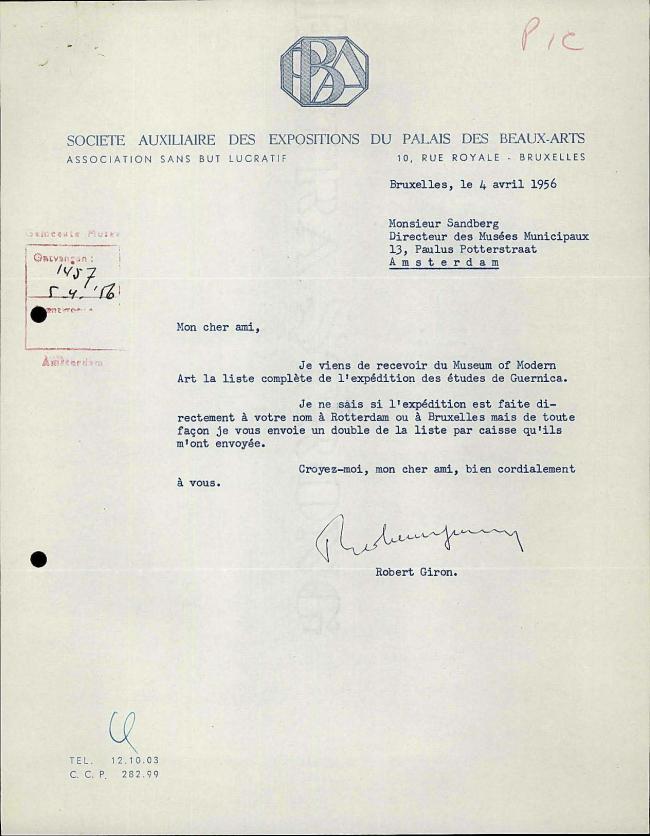Carta de Robert Giron a Willem Sandberg del 4 de abril de 1956