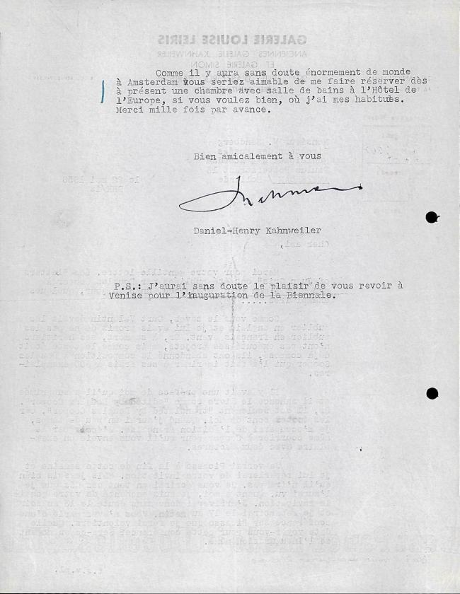 Carta de Daniel-Henry Kahnweiler a Willem Sandberg del 22 de mayo de 1956