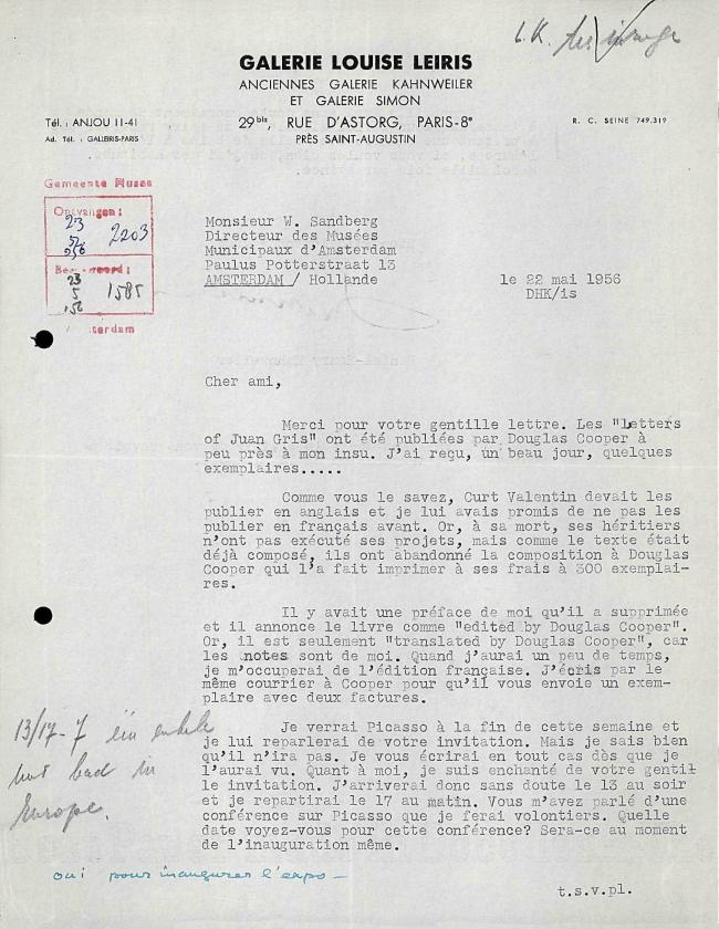 Carta de Daniel-Henry Kahnweiler a Willem Sandberg del 22 de mayo de 1956