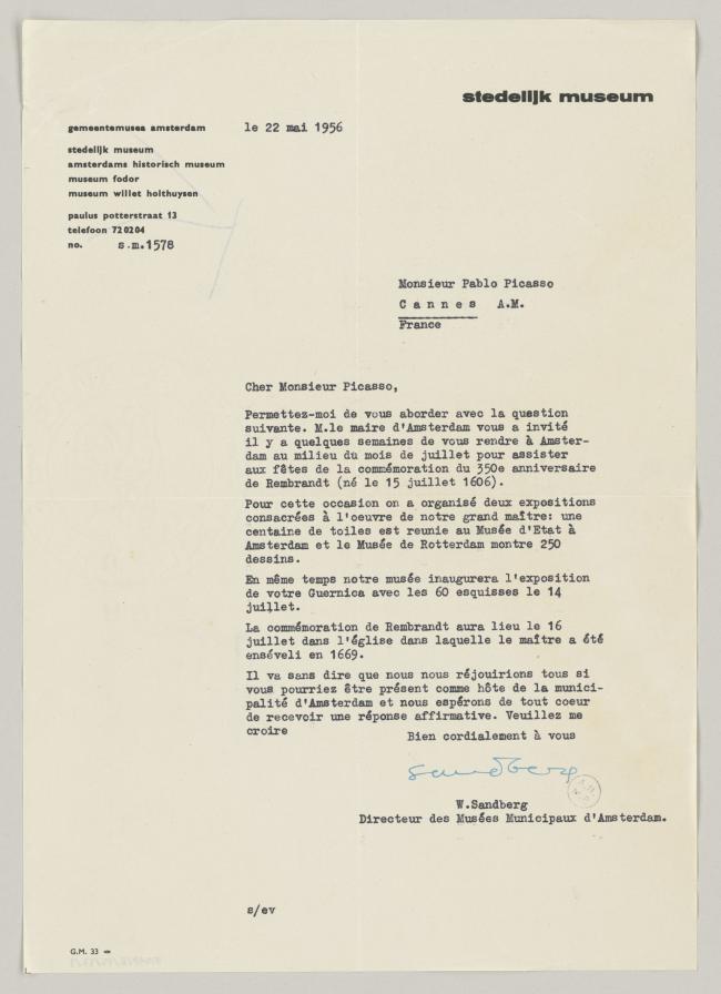 Carta de Willem Sandberg a Pablo Picasso del 22 de mayo de 1956