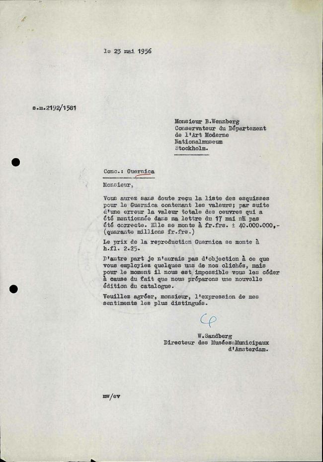 Carta de Willem Sandberg a Bo Wennberg del 23 de mayo de 1956