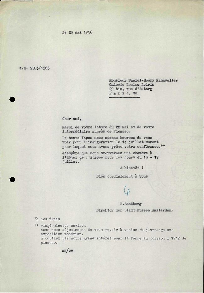 Carta de Willem Sandberg a Daniel-Henry Kahnweiler del 23 de mayo de 1956