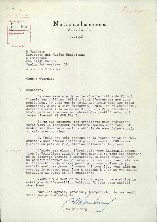 Carta de Bo Wennberg a Willem Sandberg del 7 de junio de 1956