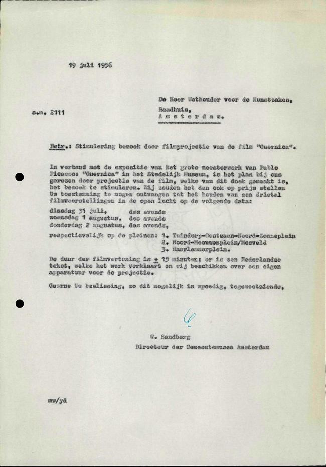 Carta de Willem Sandberg al Ayuntamiento de Ámsterdam del 19 de julio de 1956