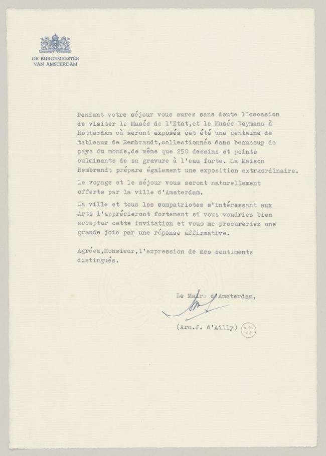 Carta de Arn.J. D'Ailly a Pablo Picasso
