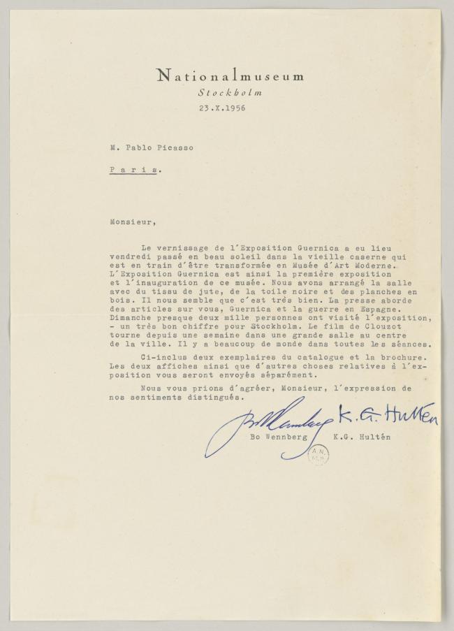 Carta de Bo Wennberg y K. G. Hulten a Pablo Picasso