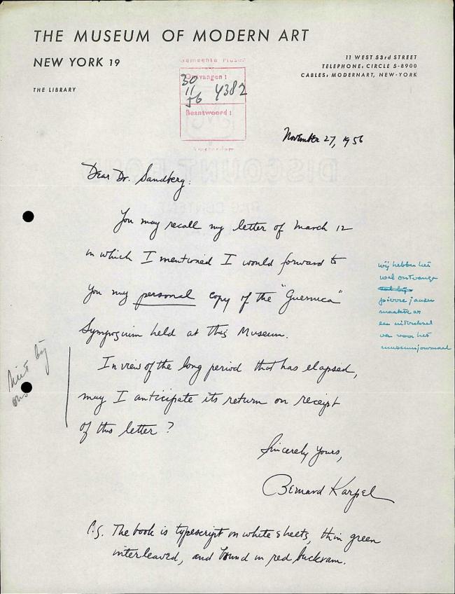 Carta de Bernard Karpel a Willem Sandberg