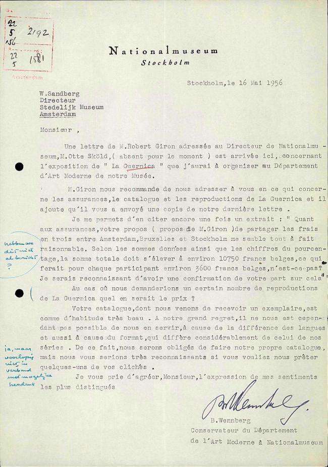 Bo Wennberg's letter to Willem Sandberg, dated 6 May 1956