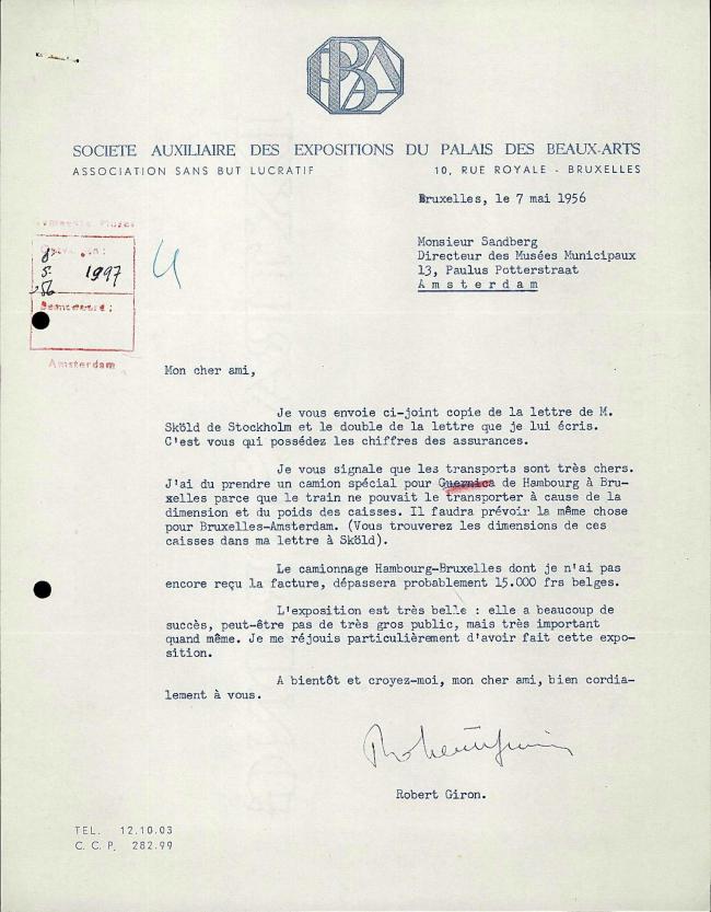 Carta de Robert Giron a Willem Sandberg del 7 de mayo de 1956