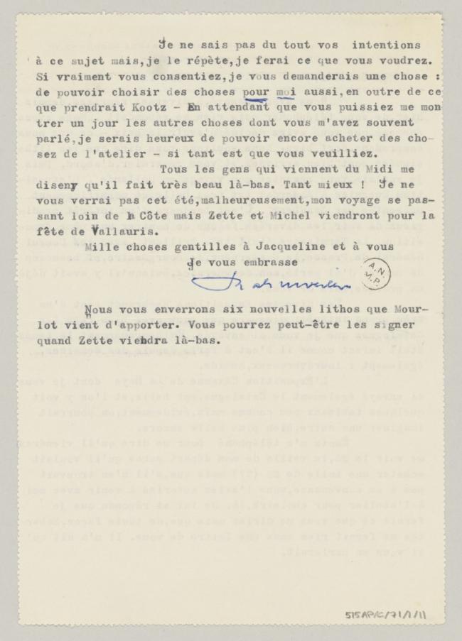Carta de Daniel-Henry Kahnweiler a Pablo Picasso del 19 de julio de 1956
