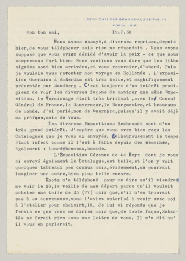 Carta de Daniel-Henry Kahnweiler a Pablo Picasso del 19 de julio de 1956