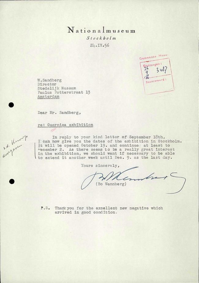 Willem Sandberg's letter to Bo Wennberg, dated 24 September 1956