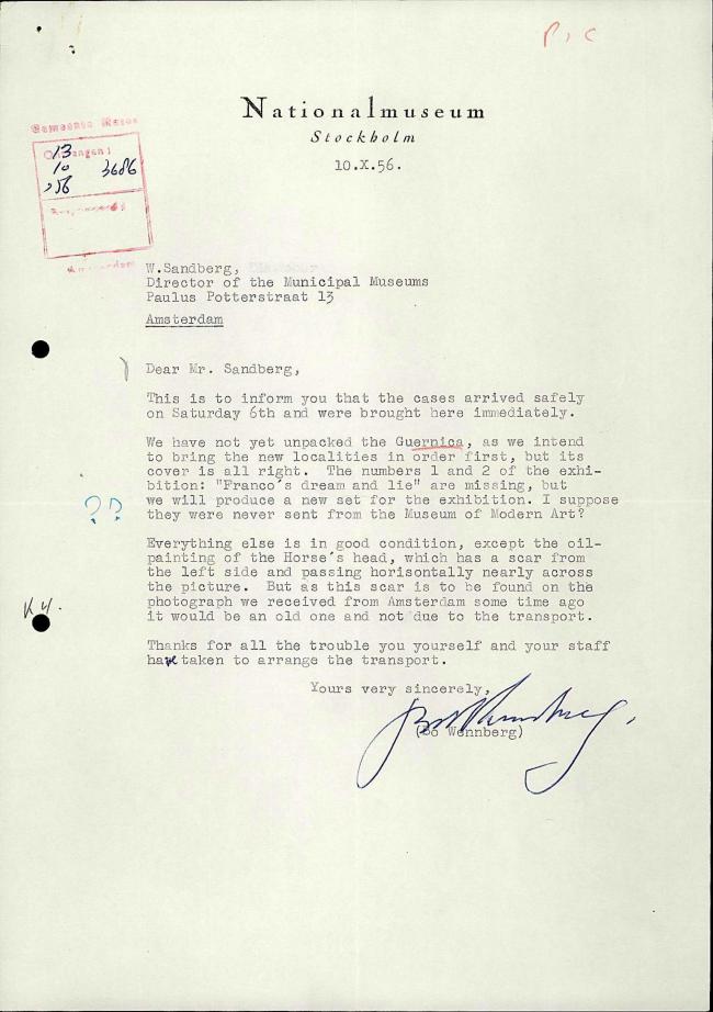 Bo Wennberg's letter to Willem Sandberg, dated 10 October 1956