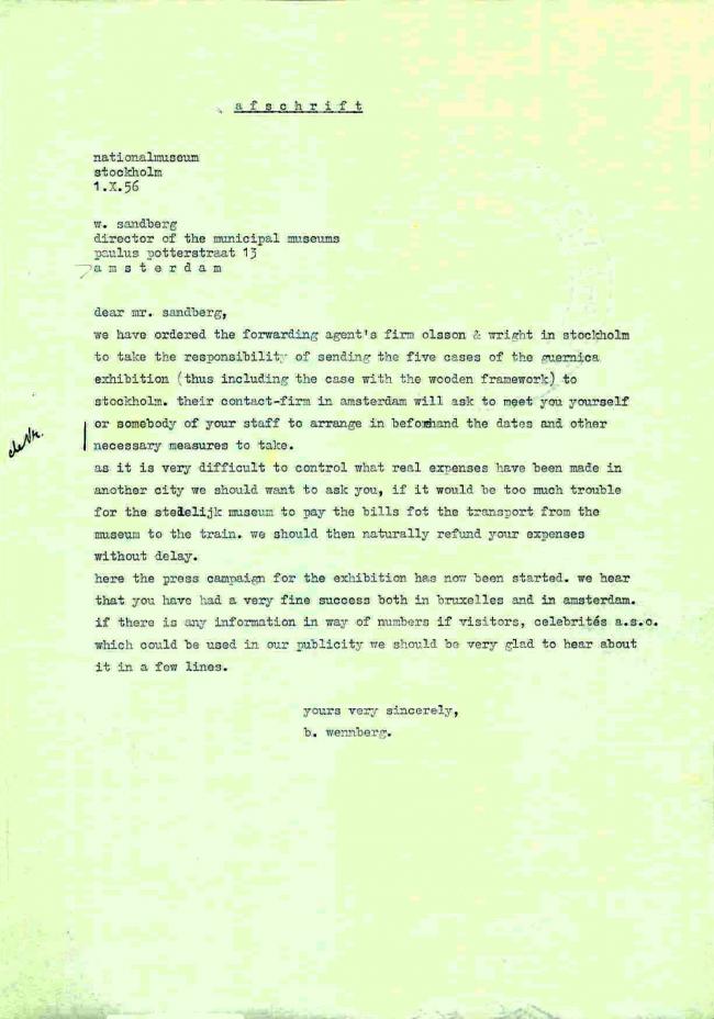 Bo Wennberg's letter to Willem Sandberg, dated 1 October 1956 (copy)