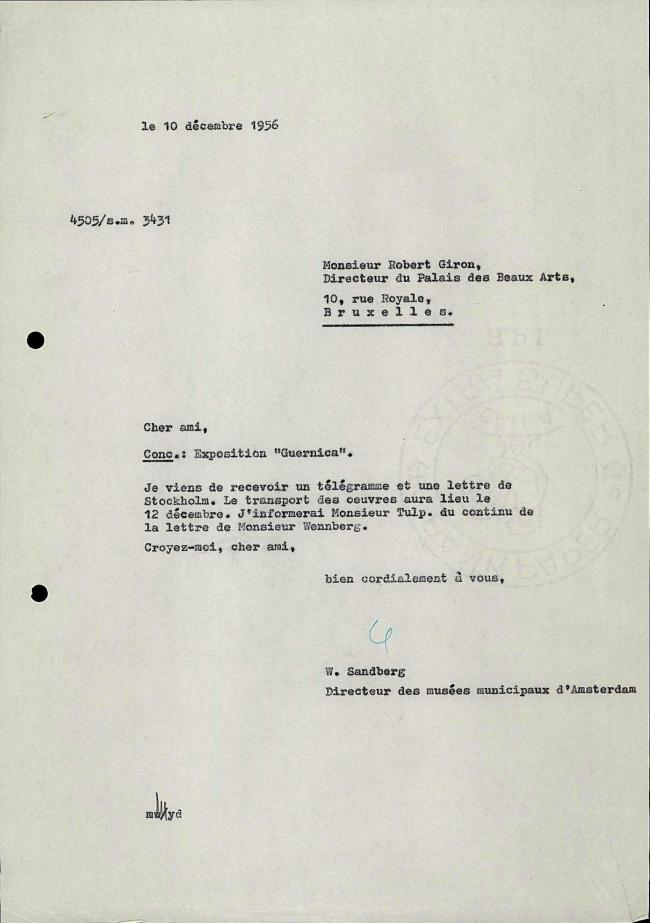 Carta de Willem Sandberg a Robert Giron del 10 de diciembre de 1956
