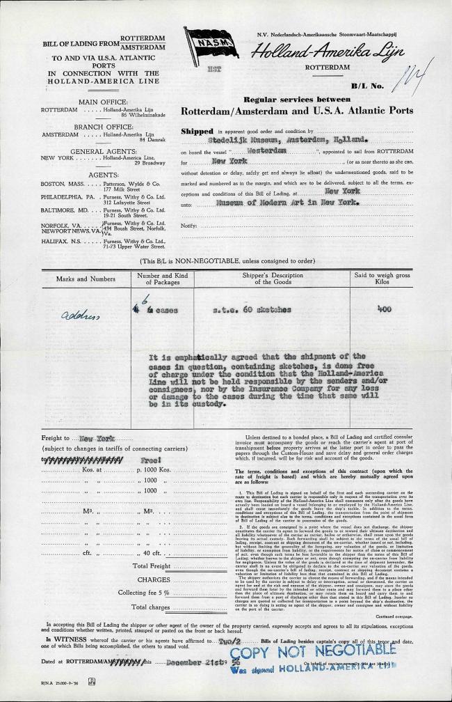 Contrato de la empresa de transporte Holland-Amerika Lijn del envío de Guernica y los estudios a Nueva York.