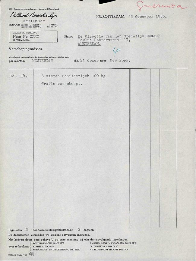 Albarán de envío de 6 cajas con Guernica y los estudios de Ámsterdam a Nueva York