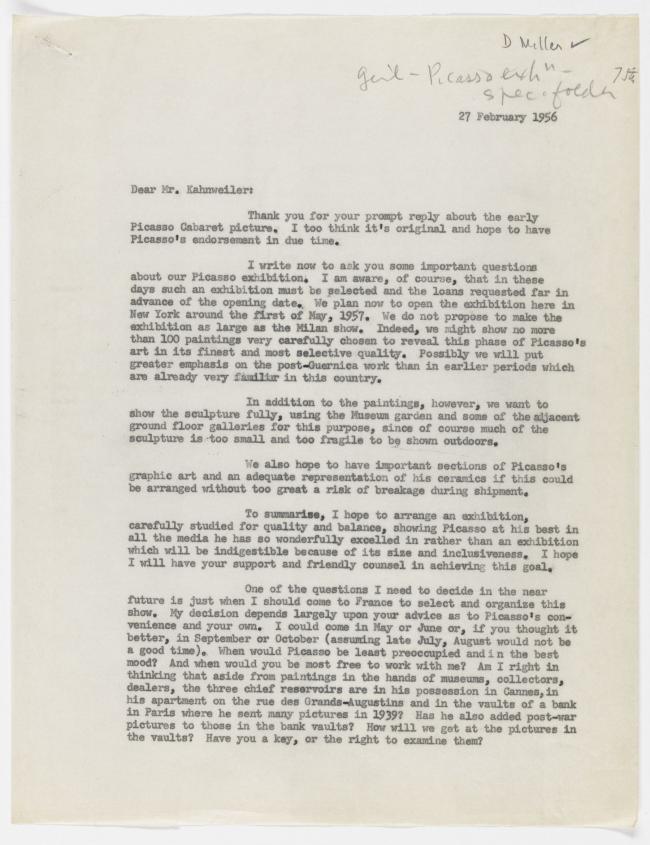 Carta de Alfred H. Barr Jr. a Daniel-Henry Kahnweiler del 27 de febrero de 1956
