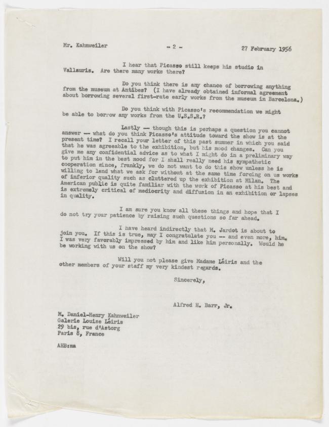 Carta de Alfred H. Barr Jr. a Daniel-Henry Kahnweiler del 27 de febrero de 1956