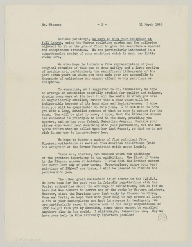 Alfred H. Barr Jr.'s letter to Pablo Picasso, dated 31 March 1956