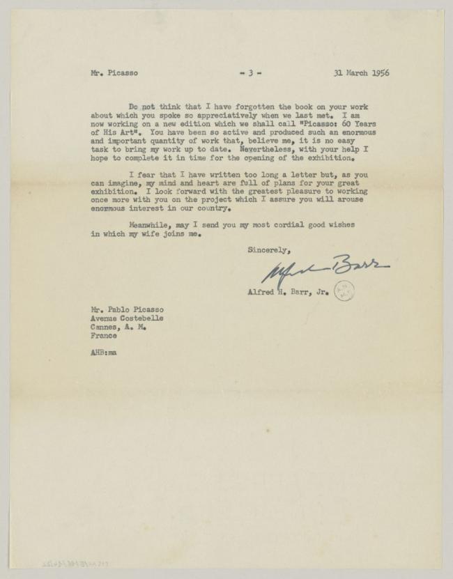 Alfred H. Barr Jr.'s letter to Pablo Picasso, dated 31 March 1956