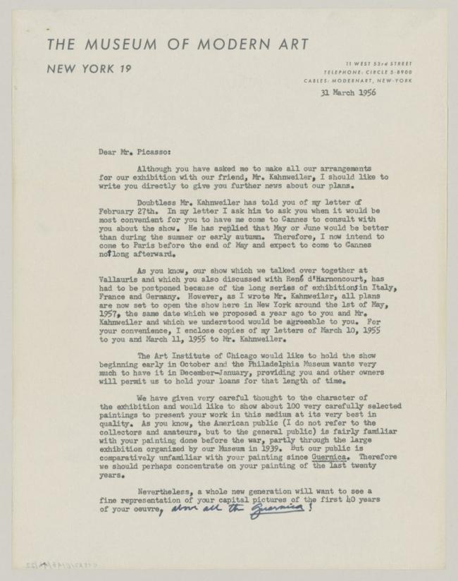 Alfred H. Barr Jr.'s letter to Pablo Picasso, dated 31 March 1956
