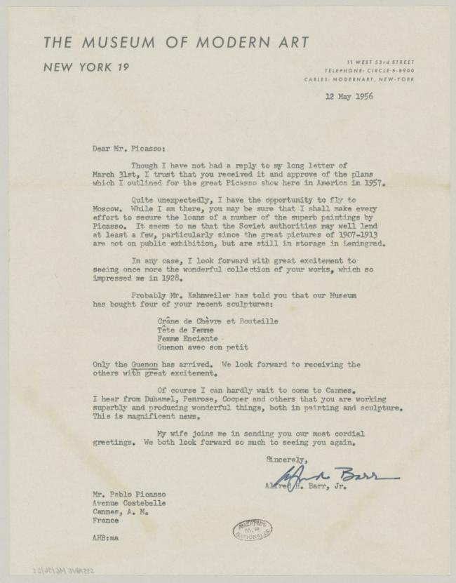 Carta de Alfred H. Barr Jr. a Pablo Picasso del 12 de mayo de 1956
