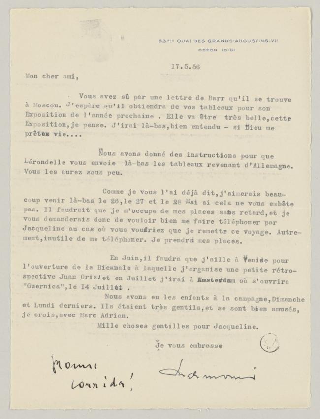 Carta de Daniel-Henry Kahnweiler a Pablo Picasso del 17 de mayo de 1956