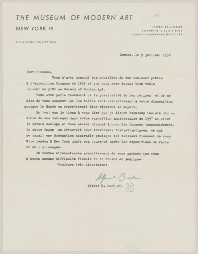 Carta de Alfred H. Barr Jr. a Pablo Picasso del 9 de julio de 1956