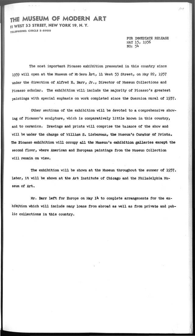 Nota de prensa sobre las fechas de la exposición Picasso: 75th Anniversary Exhibition