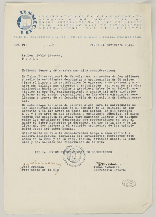Carta de Le Groupment des Anciens Etudiantes de l'Université et des Écoles Supérieures de Budapest, etudiant de France a Pablo Picasso