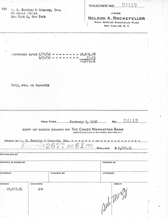 Cheque de Nelson Rockefeller a W. R. Keating & Company por el envío del tapiz
