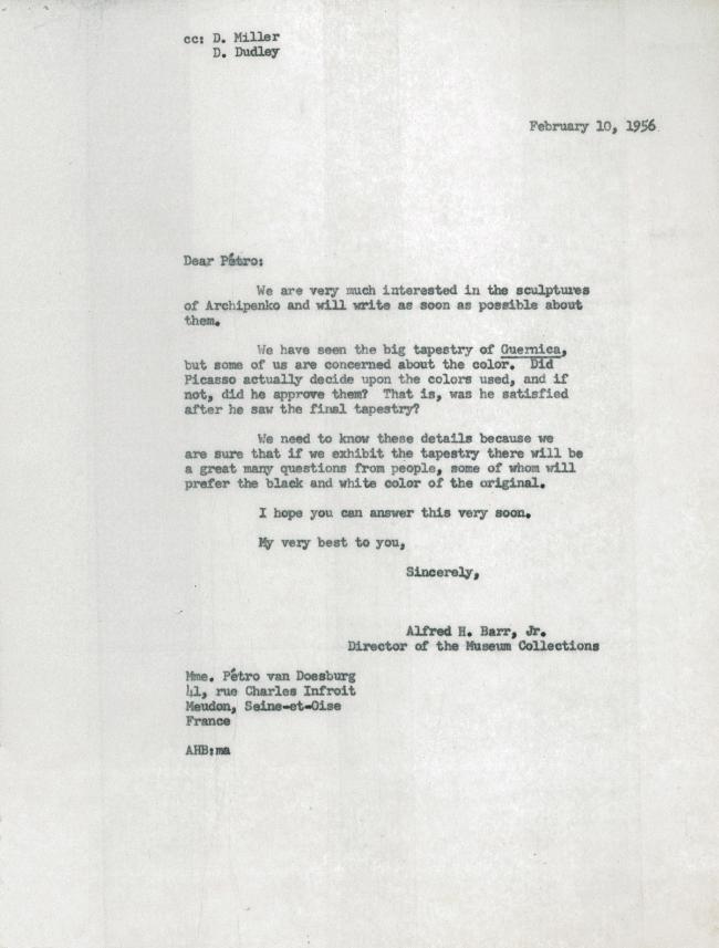 Carta de Alfred H. Barr Jr. a Petro (Nelly) Van Doesburg del 10 de febrero de 1956