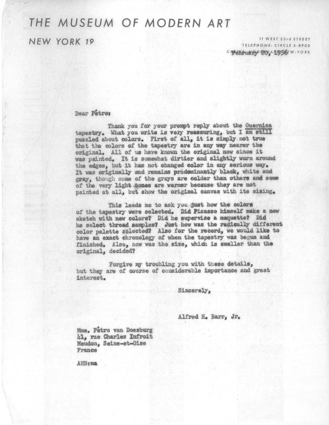 Carta de Alfred H. Barr Jr. a Petro (Nelly) Van Doesburg del 20 de febrero de 1956