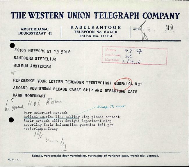 Telegrama de Willem Sandberg a Alfred H. Barr Jr.