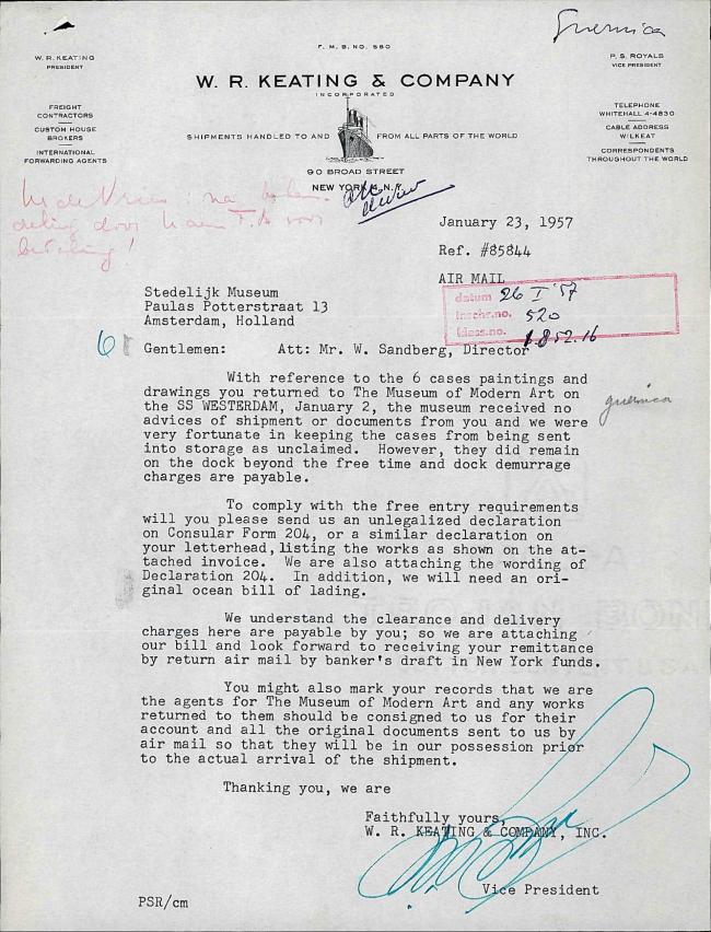 Carta del vicepresidente del W. R. Keating & Company a Willem Sandberg