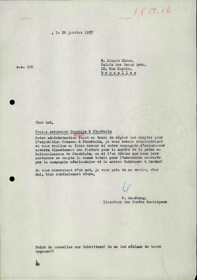 Willem Sandberg's letter to Bo Wennberg, dated 28 January 1957