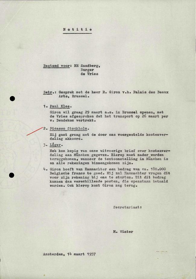 A letter from M. Winter to Willem Sandberg