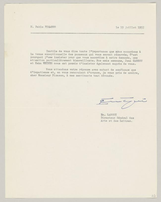 Carta de Émile Langui a Pablo Picasso del 19 de julio de 1957 (2)