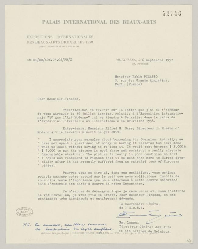 Carta de Émile Langui a Pablo Picasso del 6 de septiembre de 1957