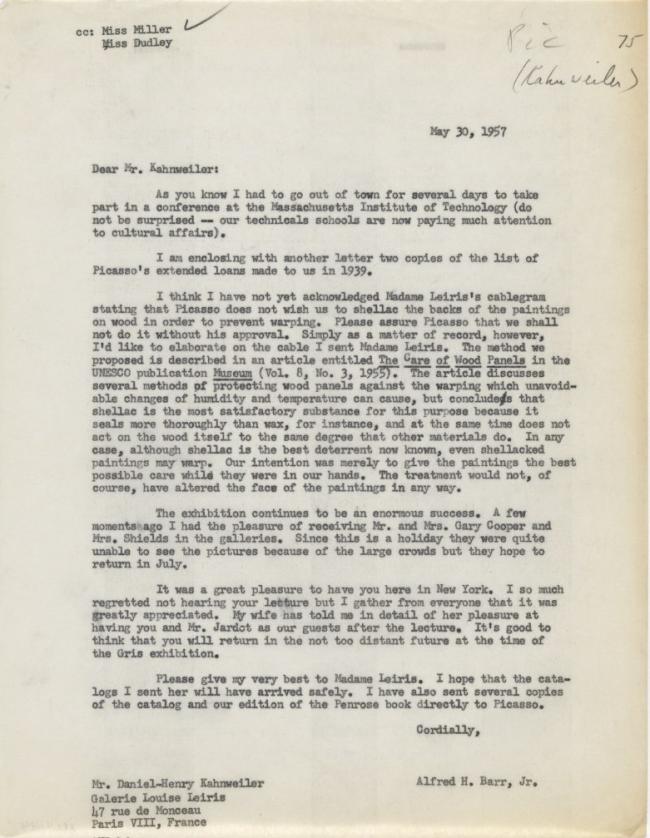 Carta de Alfred H. Barr a Daniel-Henry Kahnweiler del 30 de mayo de 1957