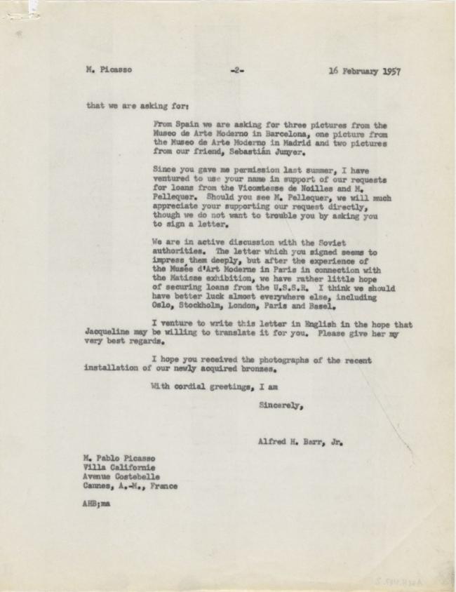 Alfred H. Barr Jr.'s letter to Pablo Picasso, dated 16 February 1957
