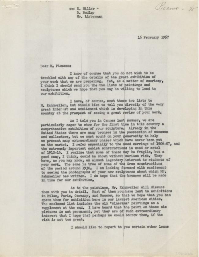 Carta de Alfred H. Barr Jr. a Pablo Picasso del 16 de febrero de 1957