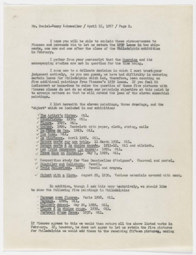 Alfred H. Barr Jr.'s letter to Daniel-Henry Kahnweiler, dated 15 April 1957