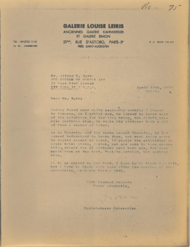 Telegrama de Daniel-Henry Kahnweiler a Alfred H. Barr Jr.