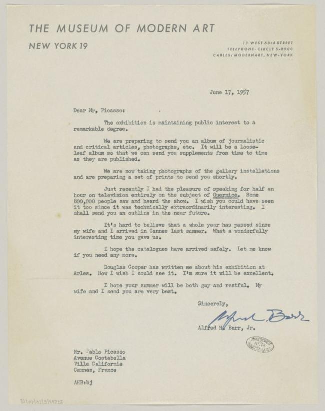 Alfred H. Barr Jr.'s letter Pablo Picasso, dated 17 June 1957
