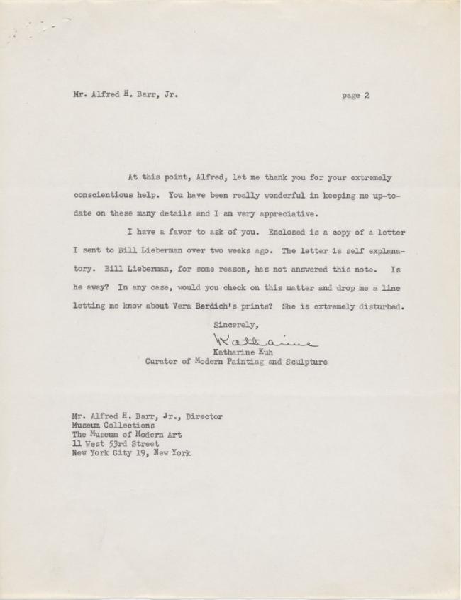 Katharine Kuh's letter to Alfred H. Barr Jr.