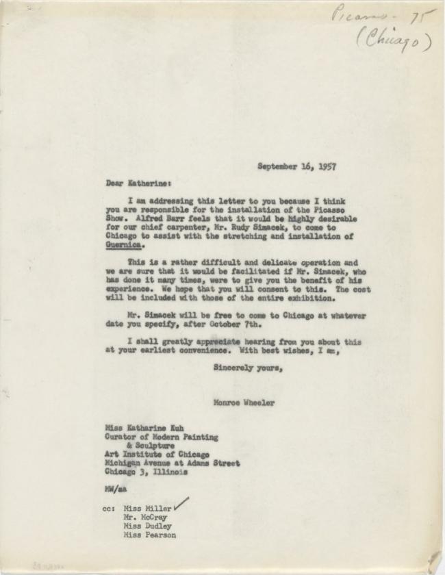 Carta de Monroe Wheeler a Katherine Kuh